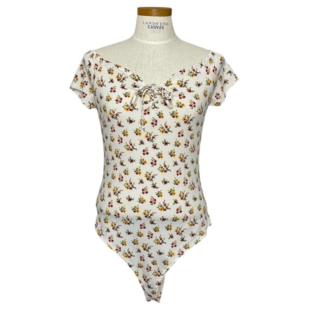 LA Gypsy Casual Stretch Floral Cap Sleeve Sweetheart Neckline Bodysuit SzXL